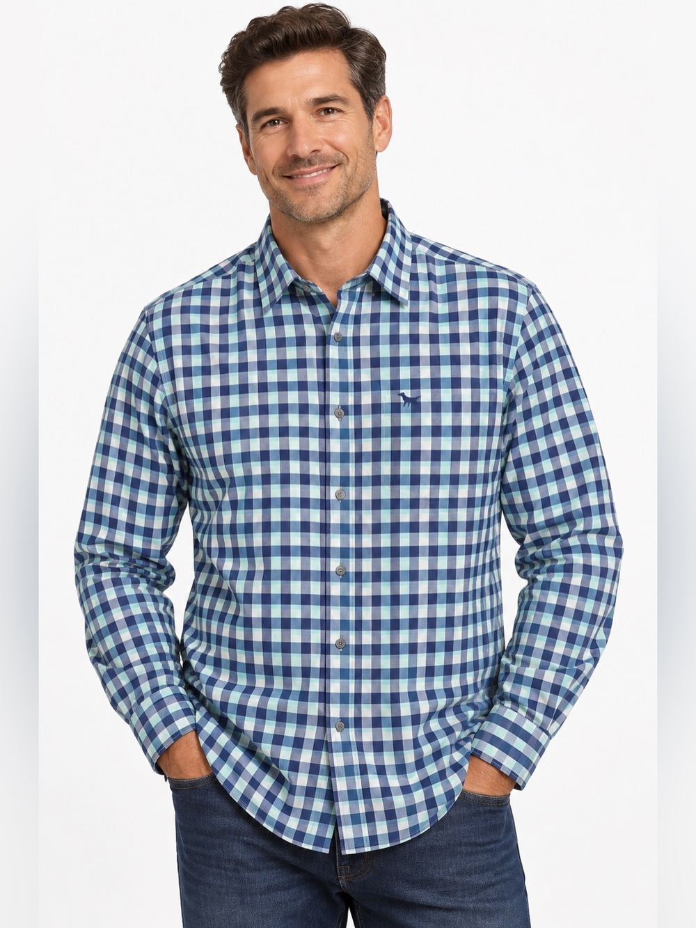 Rodd & Gunn Men’s 2XL Sports Fit Check Plaid Long Sleeve Shirt Woven Italy Blue
